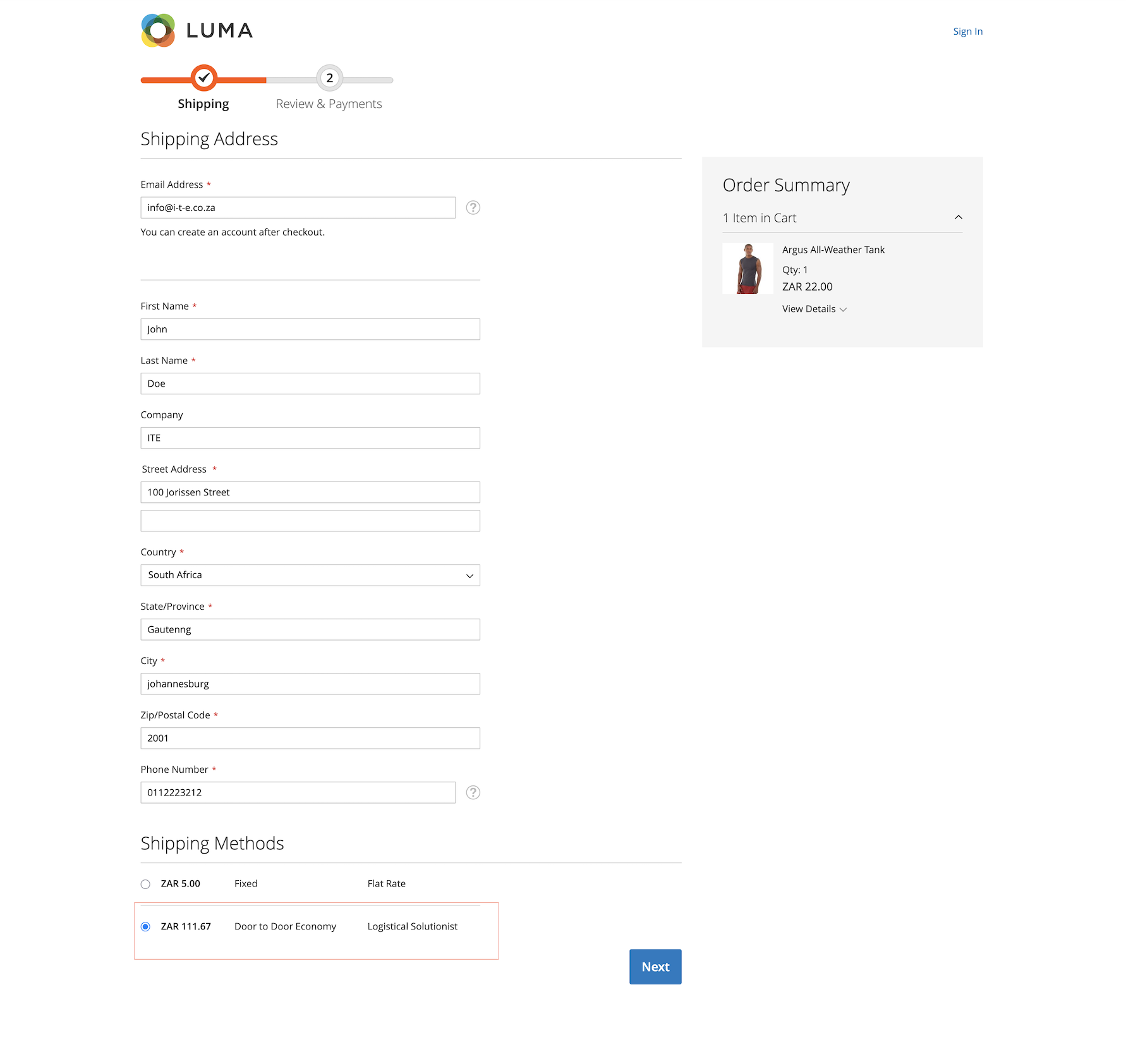 Checkout showing ITE Cargo rates (replace with your own screenshot)